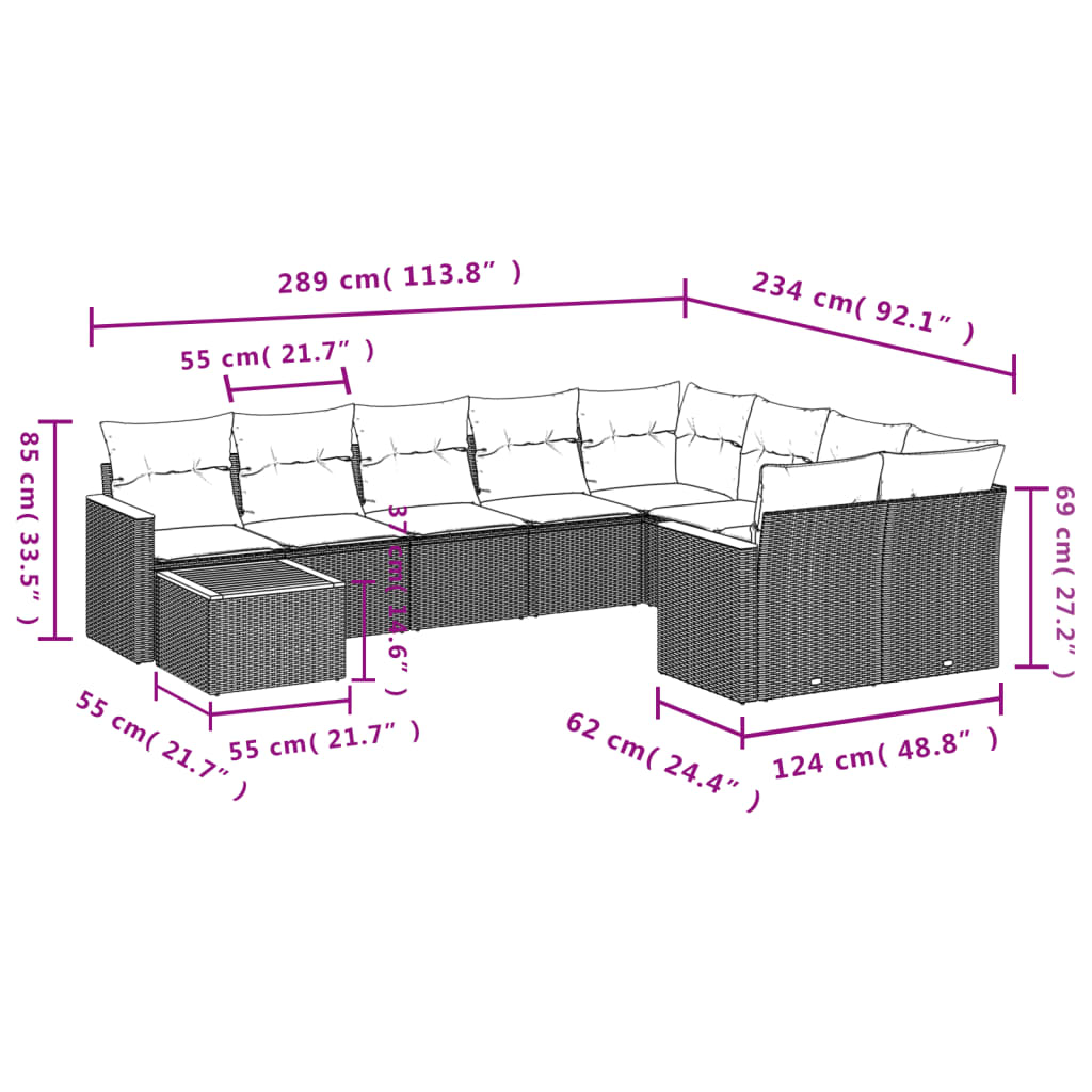 vidaXL 10-delige Loungeset met kussens poly rattan beige