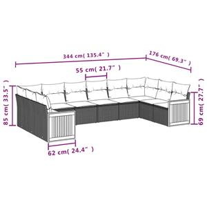 vidaXL 10-delige Loungeset met kussens poly rattan grijs