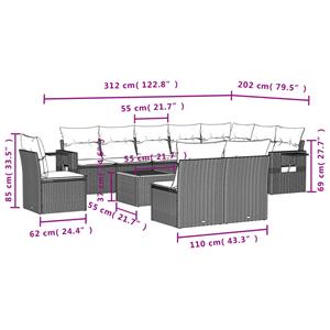 vidaXL 11-delige Loungeset met kussens poly rattan grijs