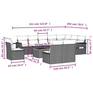 vidaXL 11-delige Tuinset met kussens poly rattan beige