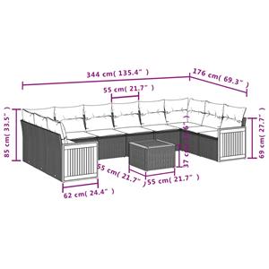 vidaXL 11-delige Loungeset met kussens poly rattan grijs