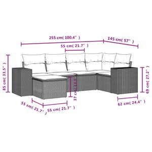 vidaXL 6-delige Loungeset met kussens poly rattan grijs