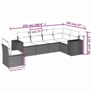 vidaXL 6-delige Loungeset met kussens poly rattan grijs