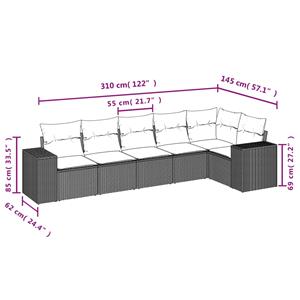 vidaXL 6-delige Loungeset met kussens poly rattan grijs