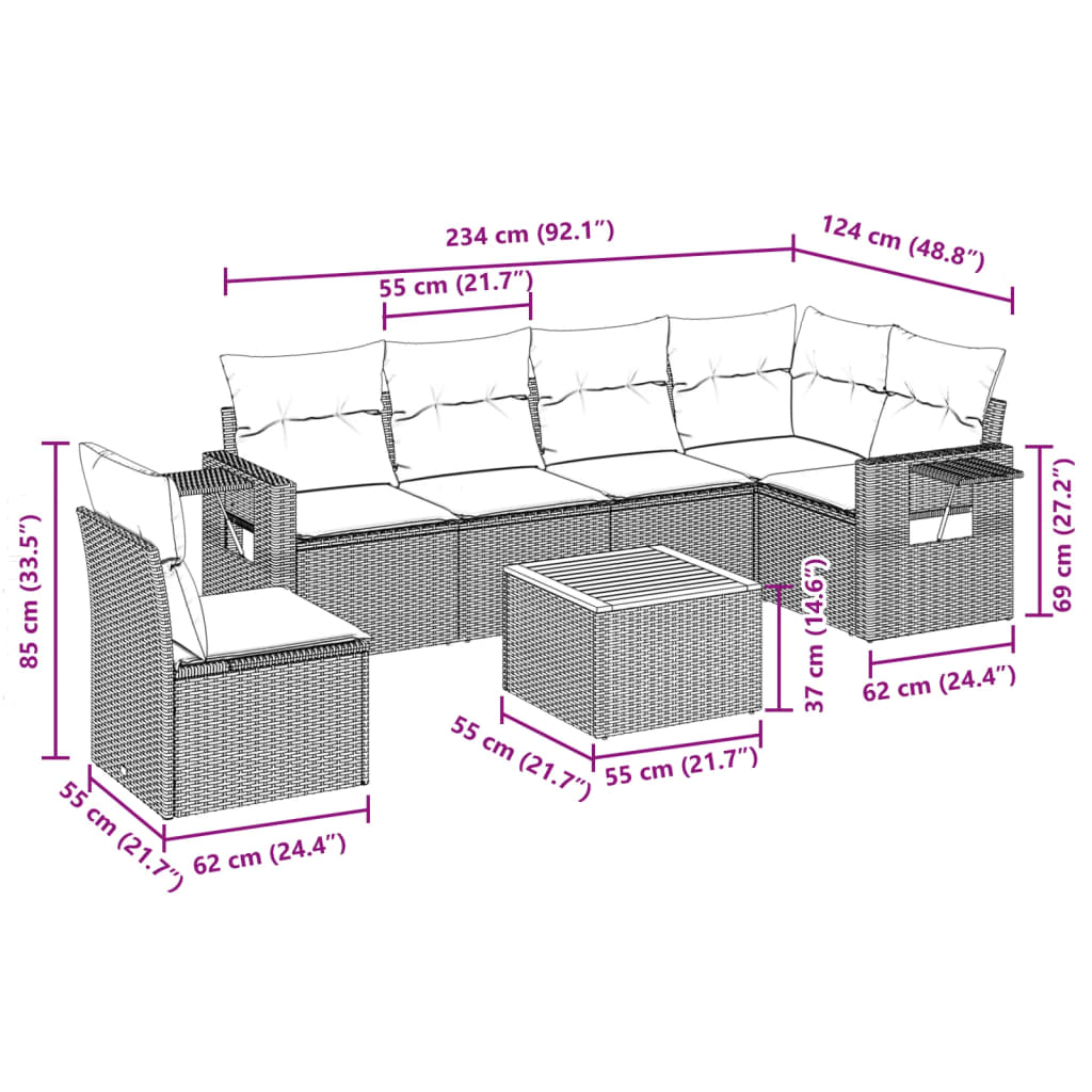 vidaXL 7-delige Loungeset met kussens poly rattan beige