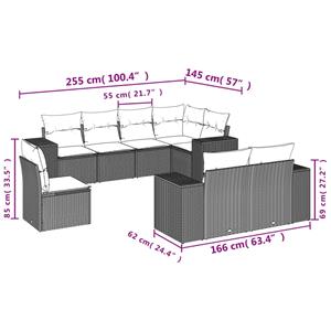 vidaXL 8-delige Loungeset met kussens poly rattan grijs