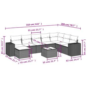 vidaXL 9-delige Loungeset met kussens poly rattan grijs