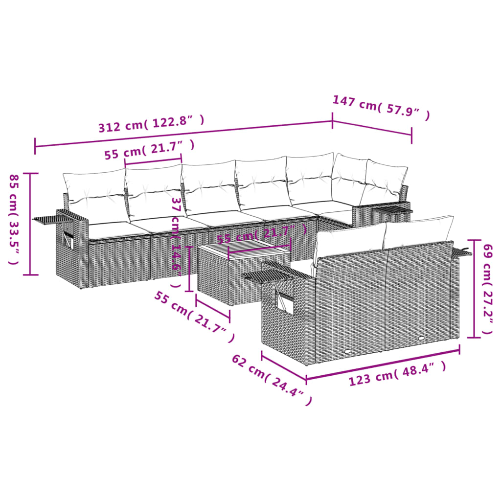 vidaXL 9-delige Loungeset met kussens poly rattan gemengd beige