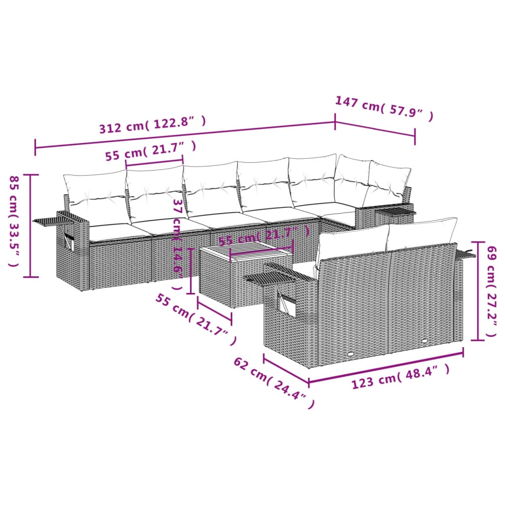 vidaXL 9-delige Loungeset met kussens poly rattan beige