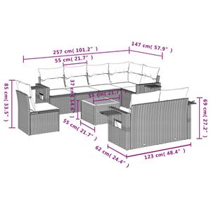 vidaXL 9-delige Loungeset met kussens poly rattan grijs