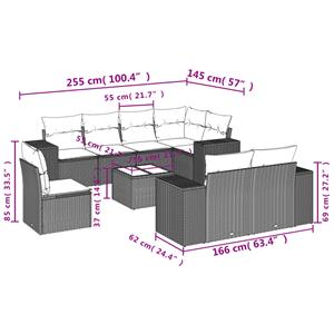 vidaXL 9-delige Loungeset met kussens poly rattan grijs