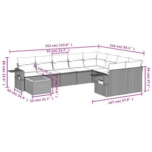 vidaXL 10-delige Loungeset met kussens poly rattan grijs