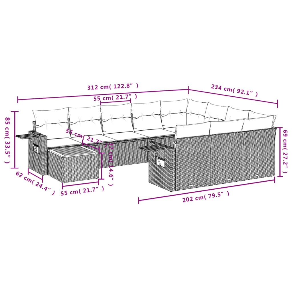 vidaXL 11-delige Tuinset met kussens poly rattan beige