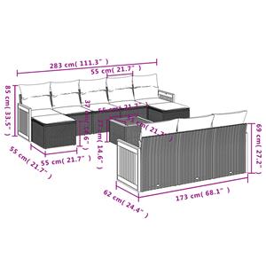 vidaXL 11-delige Loungeset met kussens poly rattan grijs