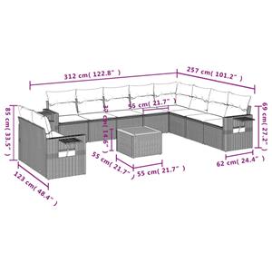 vidaXL 11-delige Loungeset met kussens poly rattan grijs