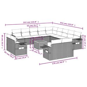 vidaXL 14-delige Loungeset met kussens poly rattan grijs