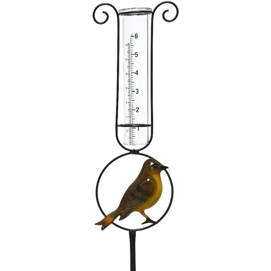 Decoris Metalen regenmeter tuindecoratie 33 cm metaal/glas met vogel -