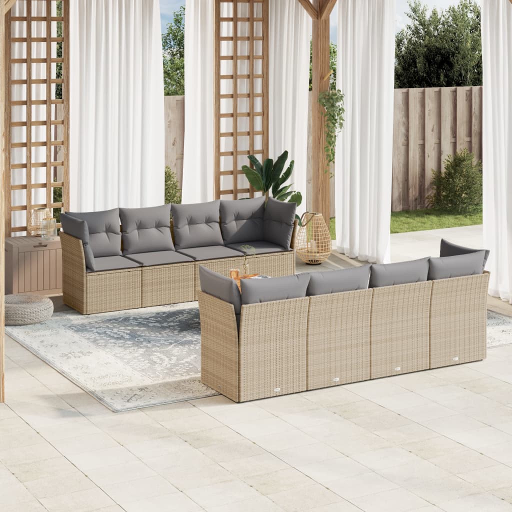 vidaxl 9-delige Loungeset met kussens poly rattan gemengd beige