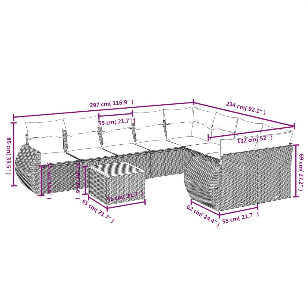 vidaXL 10-delige Loungeset met kussens poly rattan beige