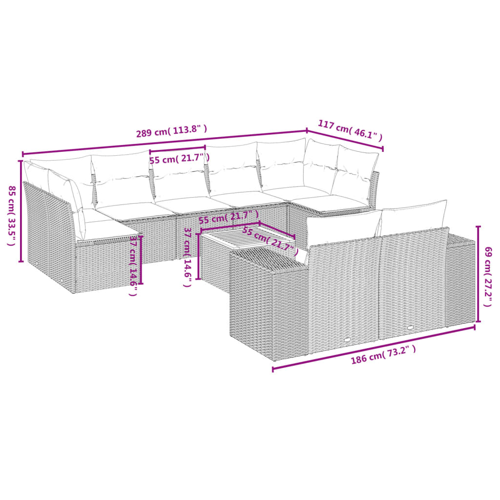 vidaXL 10-delige Loungeset met kussens poly rattan beige