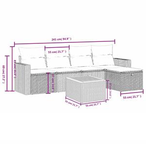 vidaXL 6-delige Loungeset met kussens poly rattan grijs