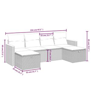 vidaXL 6-delige Loungeset met kussens poly rattan grijs