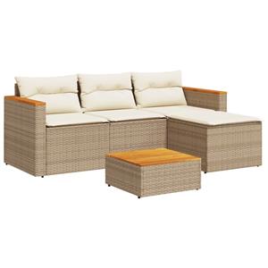 vidaXL 5-delige Loungeset met kussens poly rattan en acaciahout beige