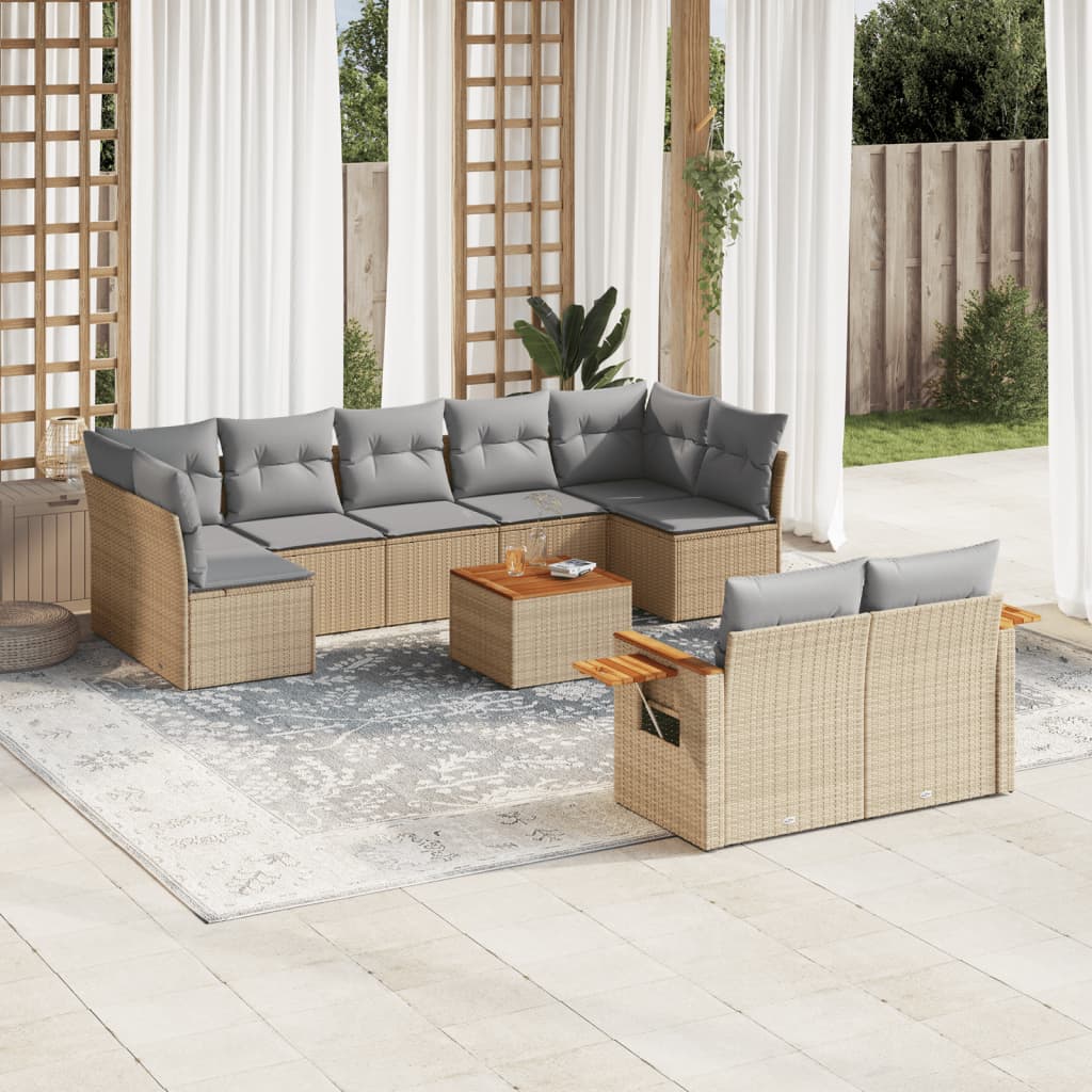 vidaxl 10-delige Loungeset met kussens poly rattan beige