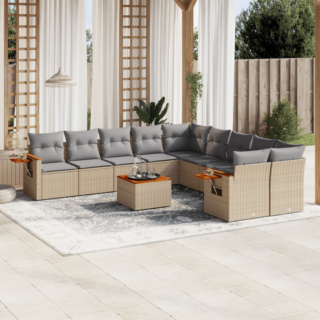 vidaxl 11-delige Tuinset met kussens poly rattan beige