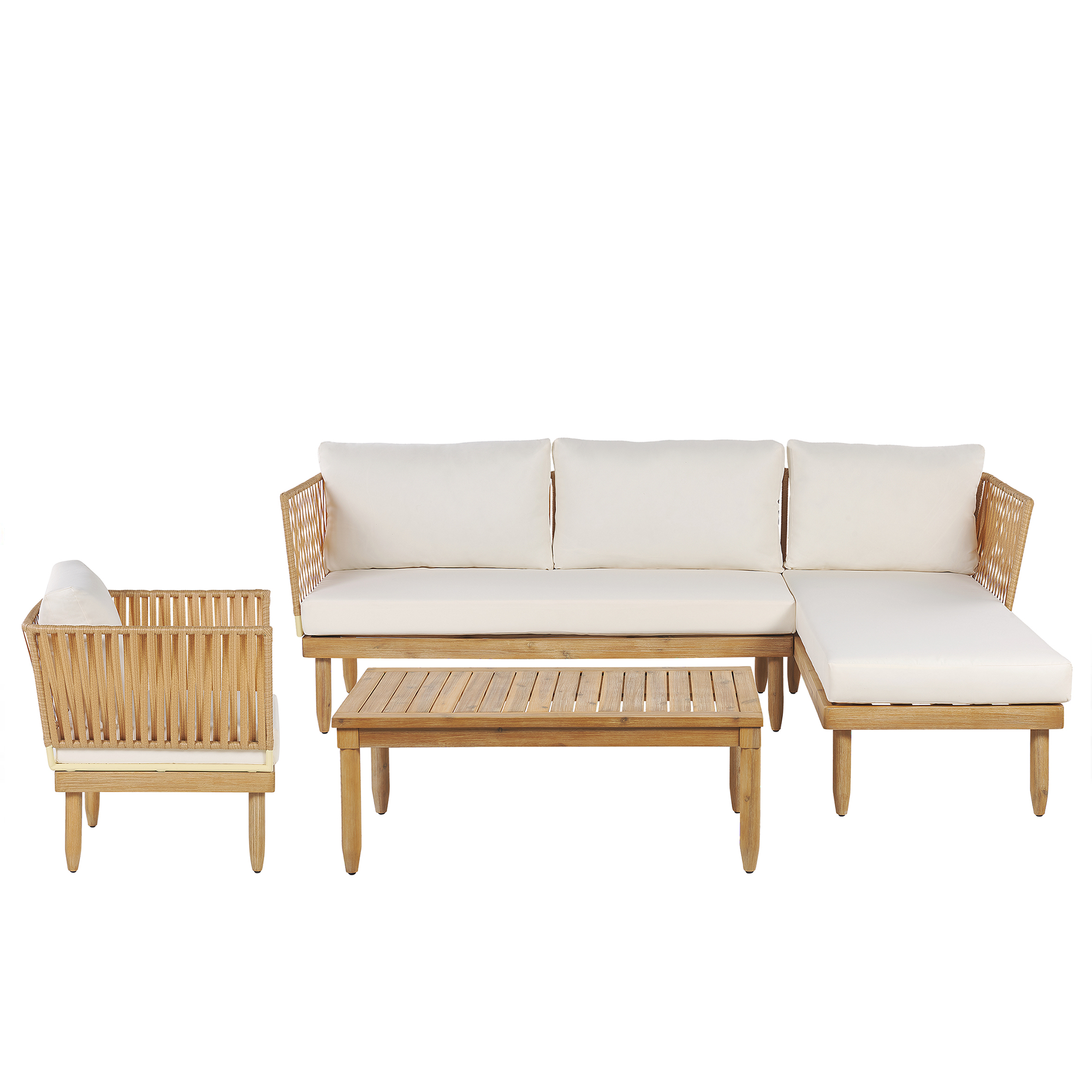 beliani Gartenset Braun Akazienholz Polyester 4-Sitzer Sofa Tisch Sessel Chaiselongue Terrasse Garten Outdoor Modern - Weiß
