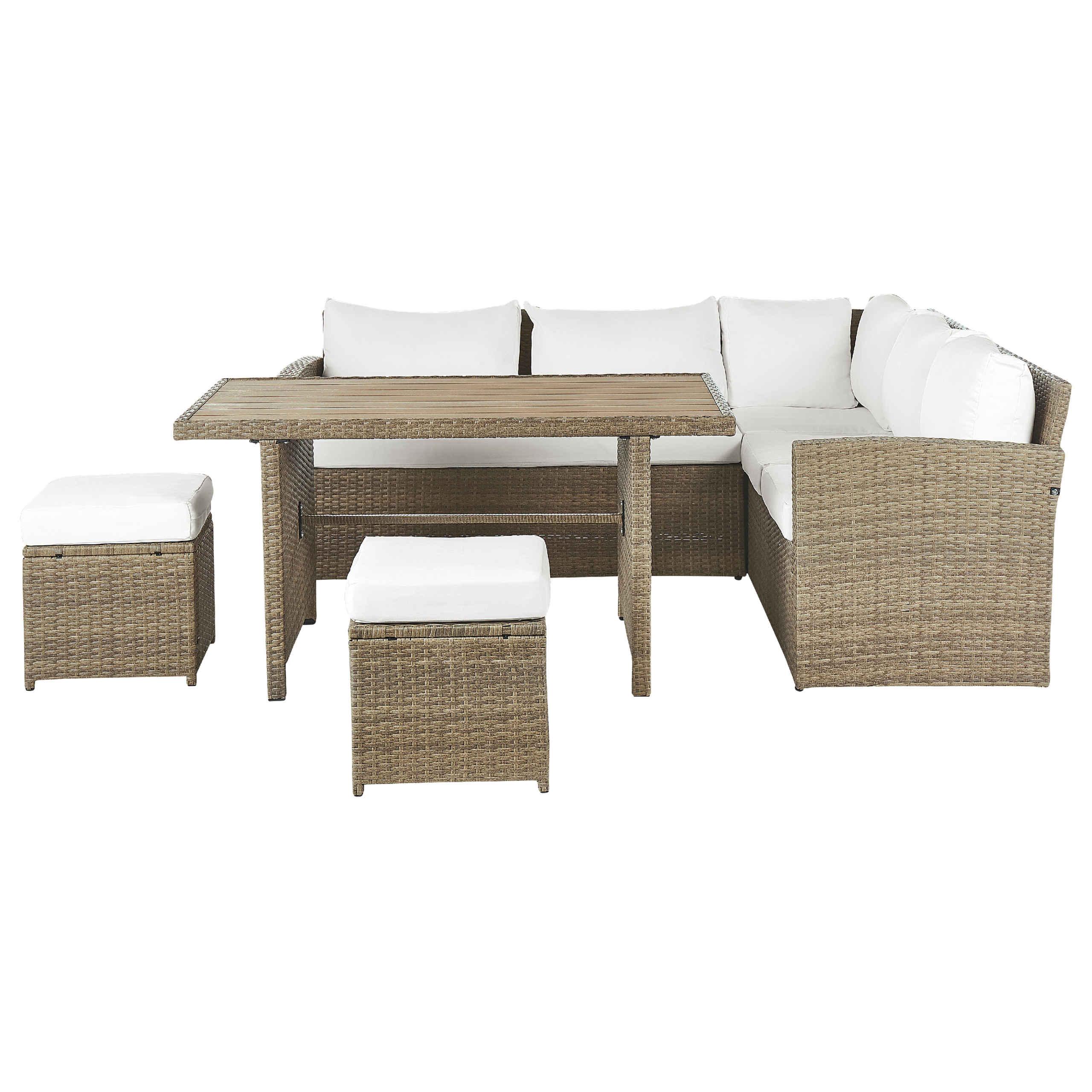 beliani Gartenmöbel Set Polyrattan Braun Textil Weiß inkl. Auflagen 5-Sitzer Lounge Set Tisch Zwei Hocker Terrasse Outdoor Garten Modern - Weiß