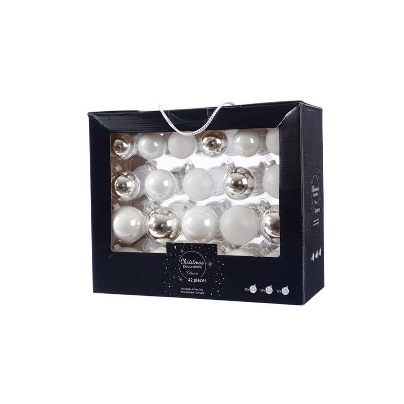 Decoris 42x stuks glazen kerstballen wit/zilver 5-6-7 cm -