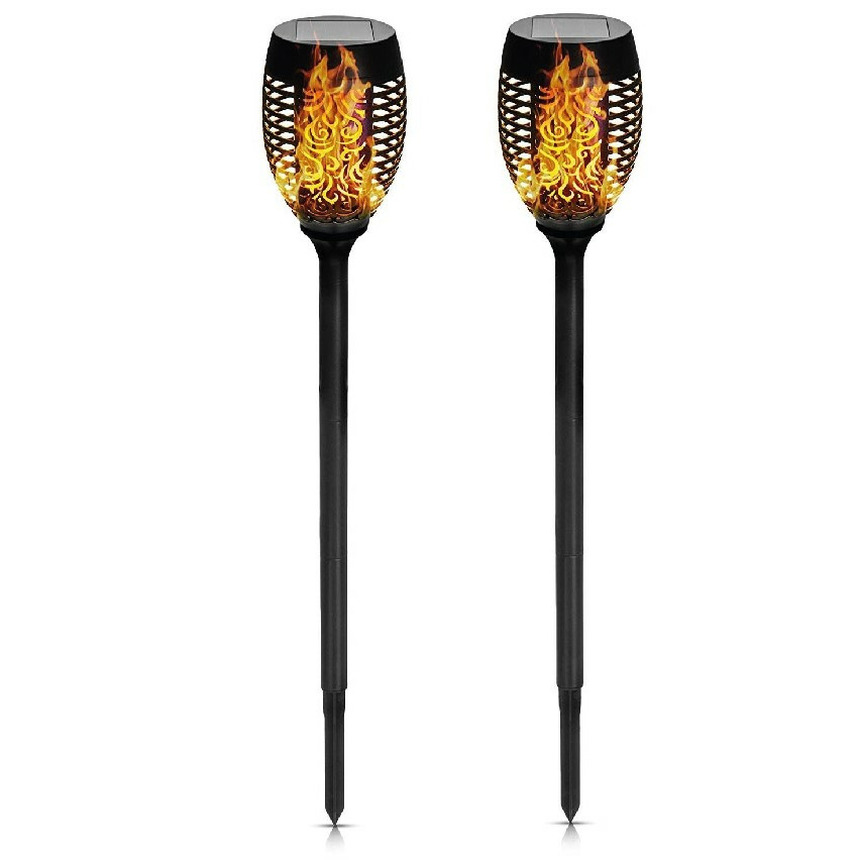 Benson Solar tuinlamp - 2x - zwart - LED flame effect - oplaadbaar - D12 x H74 cm -