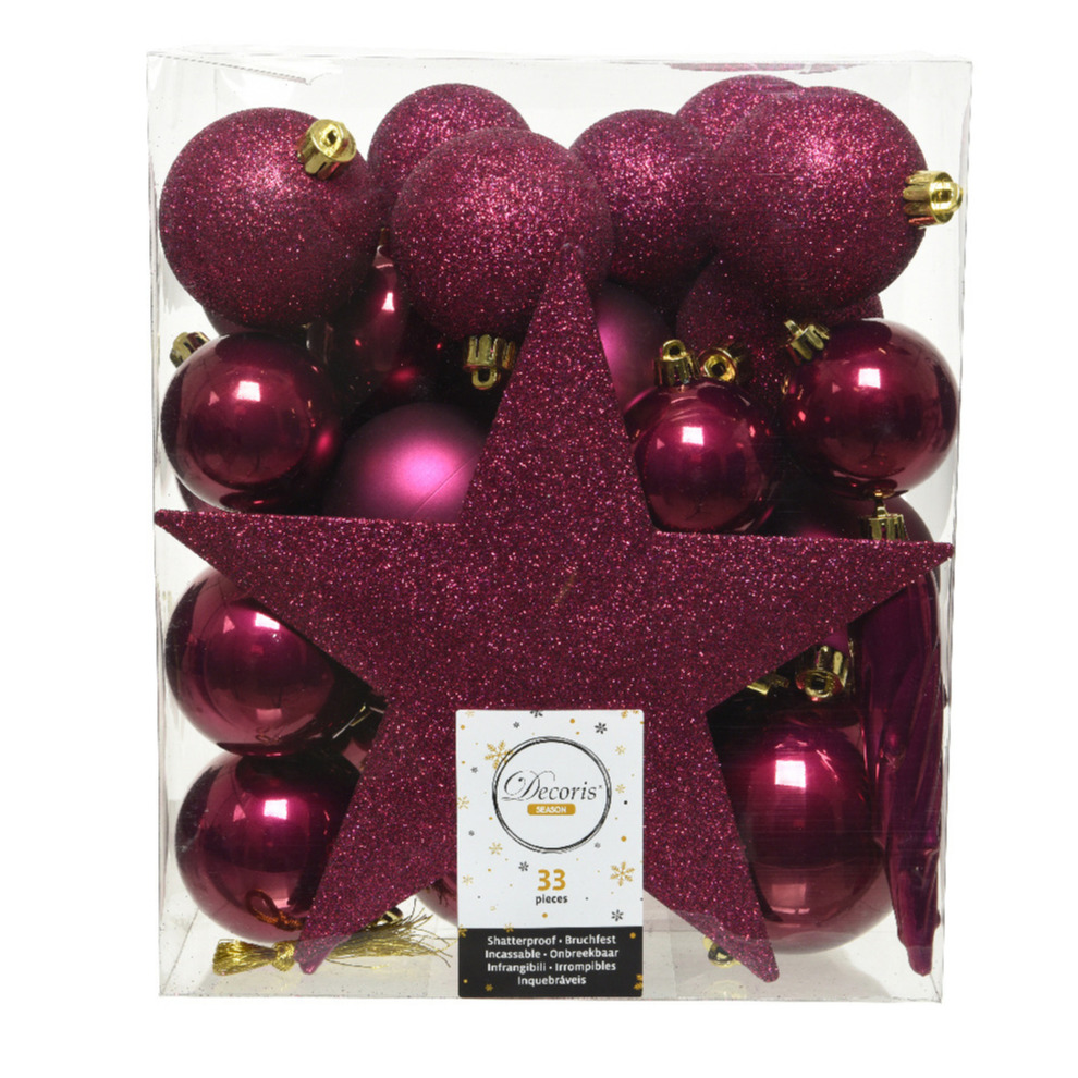 Decoris 33x stuks kunststof kerstballen met ster piek framboos roze (magnolia) -