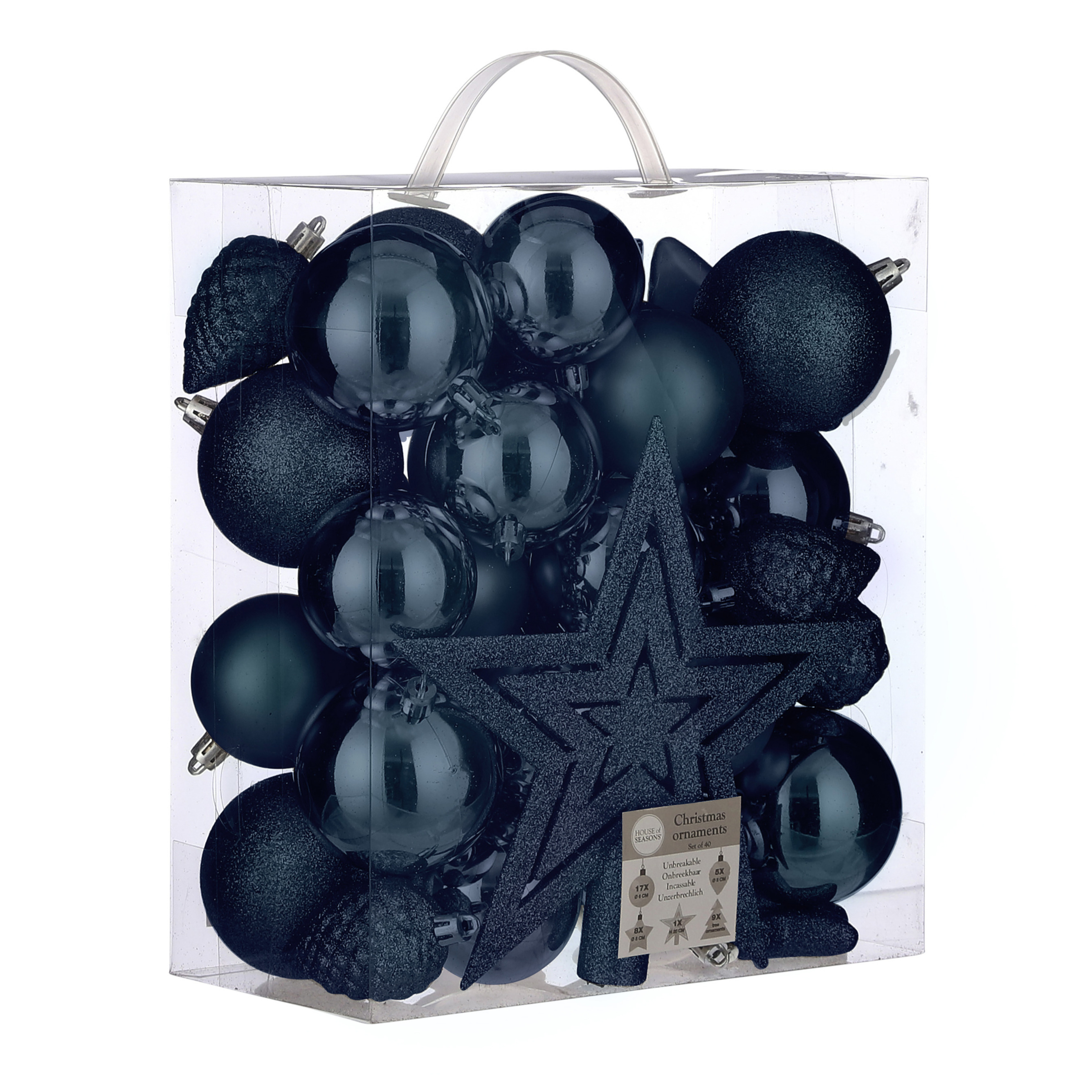 House of Seasons 39x stuks kunststof kerstballen en kerstornamenten met ster piek donkerblauw mix -
