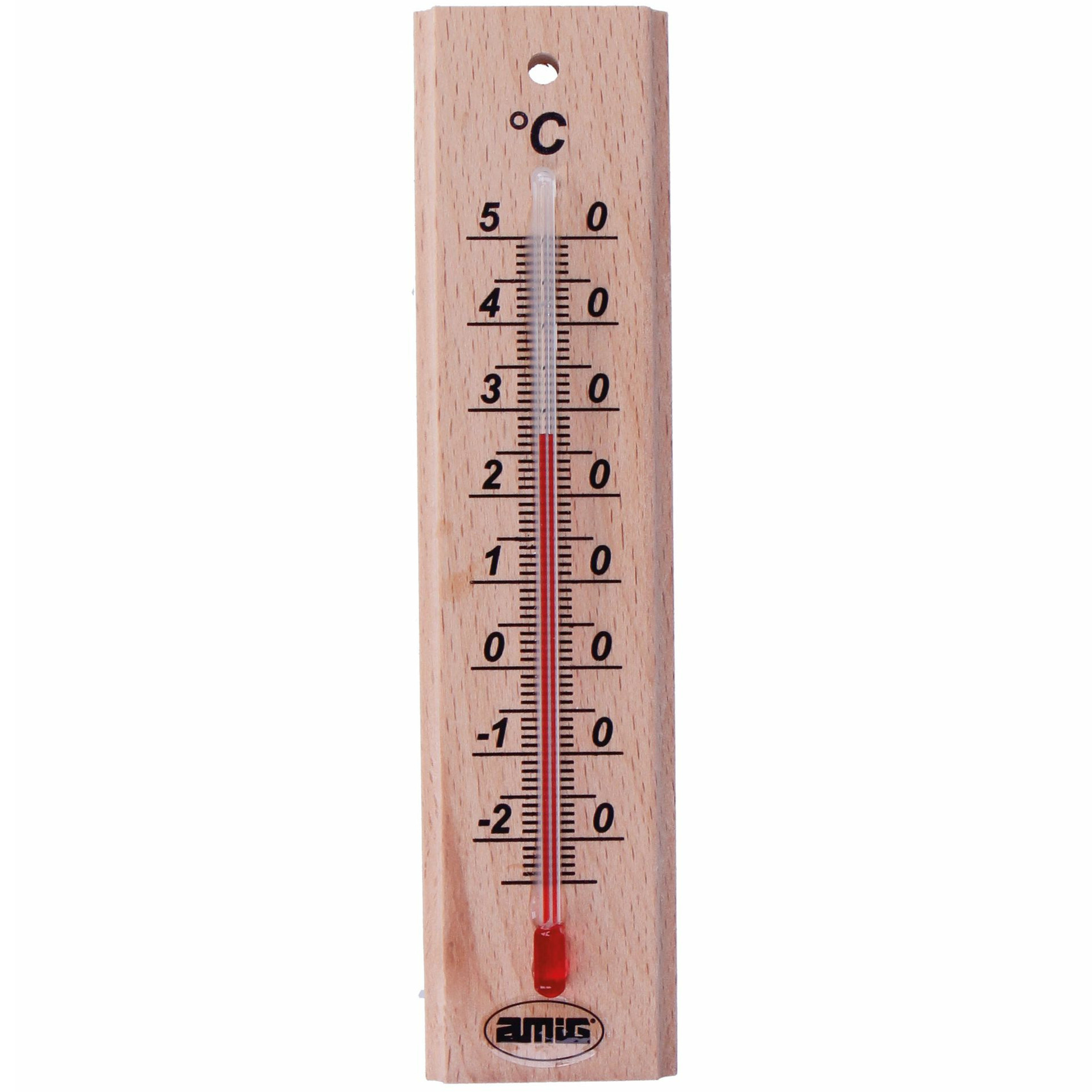 AMIG Thermometer binnen/buiten - hout - bruin - 14 x 3 cm -