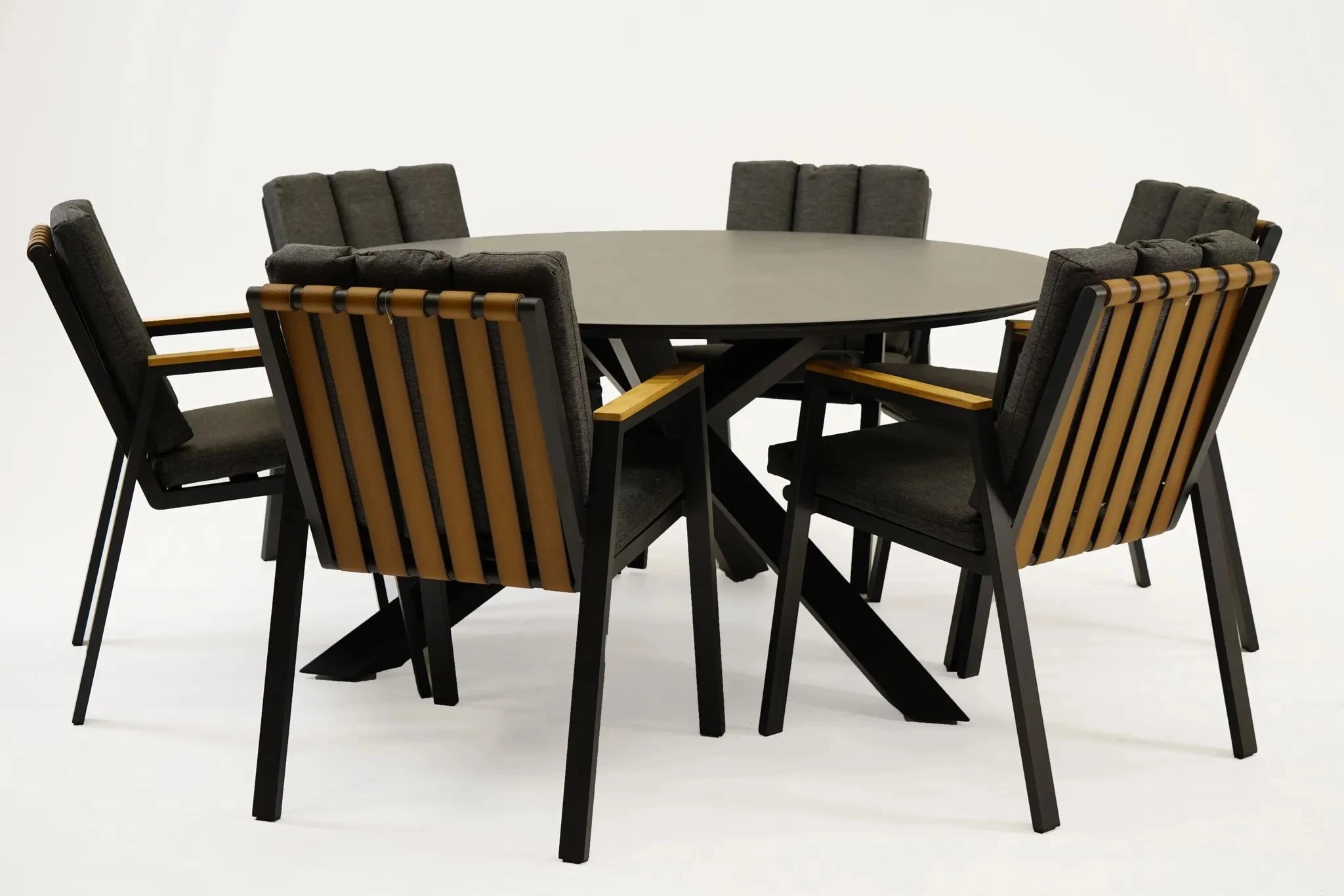 Vita Tuintafel Rotonda met 6 Leather antraciet stoelen