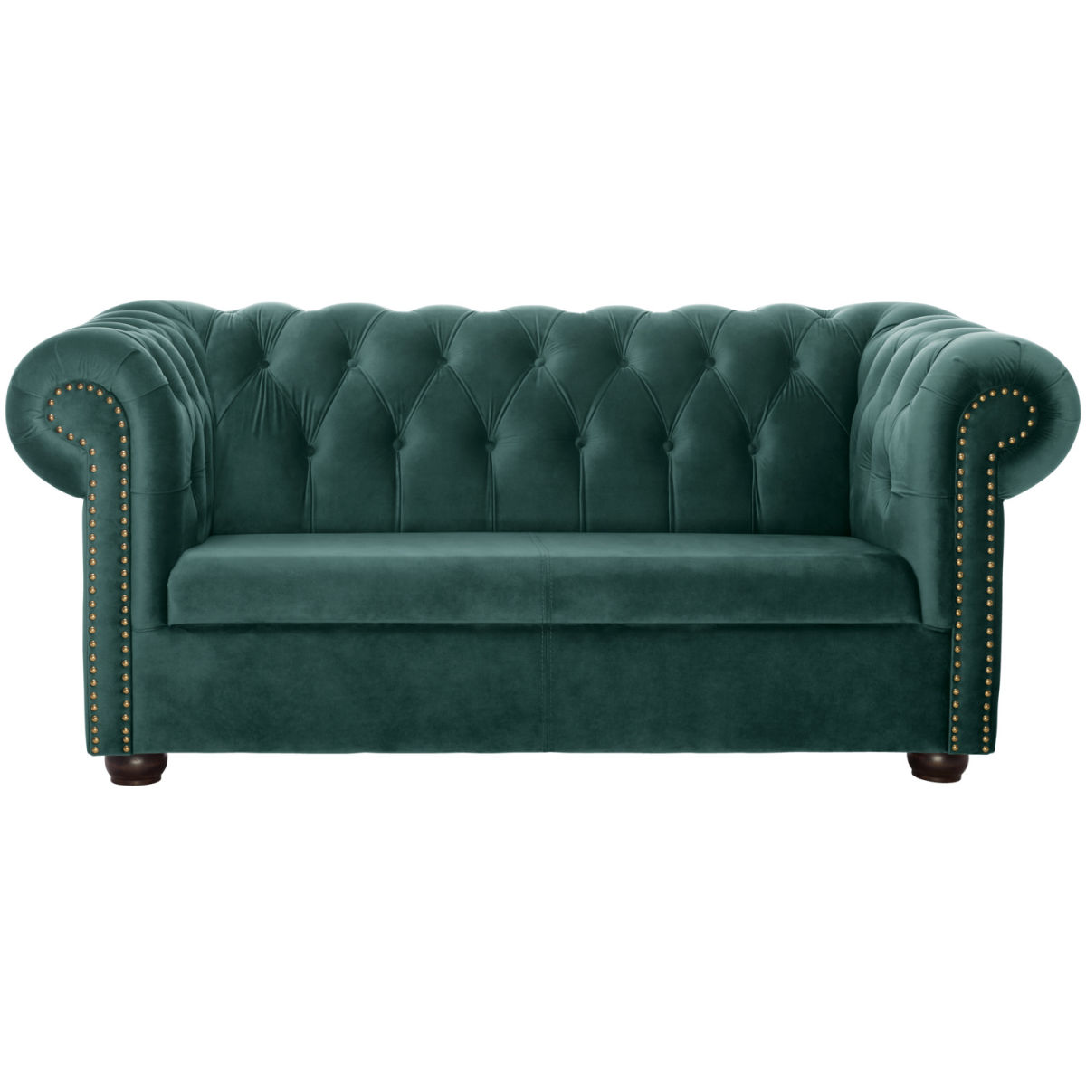 Vega 2-persoons sofa Chesterfield fluweelstof incl. poten; 167x97x72.5 cm (BxDxH); zitting dennengroen, frame bruin