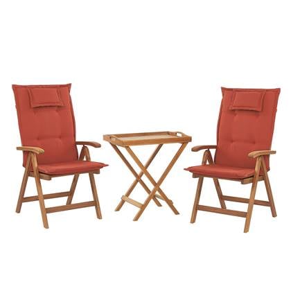 beliani Balkonset Braun Akazienholz verstellbar mit Auflagen Terracotta Teetisch mit 2 Stühlen Rustikal Landhaus Stil Terrasse Garten Möbel - Rot