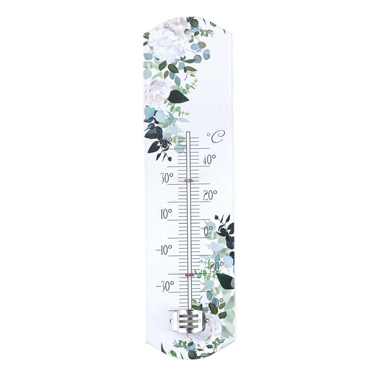 Alma garden Binnen/buiten thermometer met lentebloemen print - wit - metaal - 29 x 6.5 cm -
