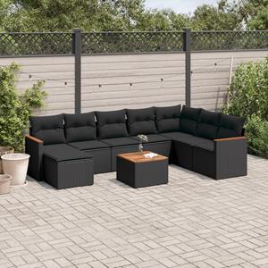 VidaXL 9-delige Loungeset met kussens poly rattan zwart