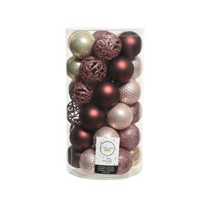 Decoris 37x stuks kunststof kerstballen roze/donkerrood/champagne mix 6 cm -