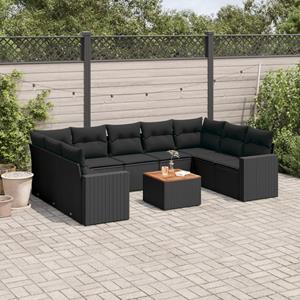 VidaXL 10-delige Loungeset met kussens poly rattan zwart