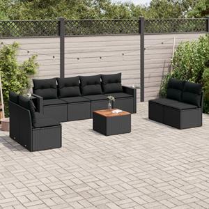 VidaXL 9-delige Loungeset met kussens poly rattan zwart