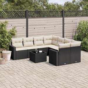 VidaXL 9-delige Loungeset met kussens poly rattan zwart