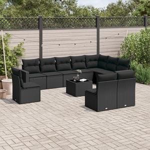 VidaXL 11-delige Loungeset met kussens poly rattan zwart