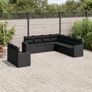 VidaXL 9-delige Loungeset met kussens poly rattan zwart