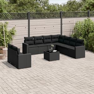 VidaXL 10-delige Loungeset met kussens poly rattan zwart