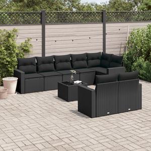 VidaXL 9-delige Loungeset met kussens poly rattan zwart