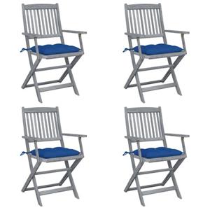 VIDAXL Klapstoelen - Massief Acaciahout - Greywash - Blauwe Kussens - Set Van 4